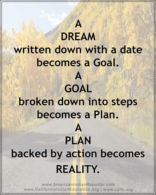 A DREAM written down with a date becomes a Goal. A GOAL broken down into steps becomes a Plan. A PLAN backed by action becomes REALITY.?REALITY.
