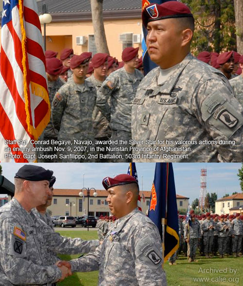 NATIVE AMERICAN VETERANS Staff Sgt Conrad Begaye stands before rows of NATIVE AMERICAN VETERANS Staff Sgt Conrad Begaye stands before rows of