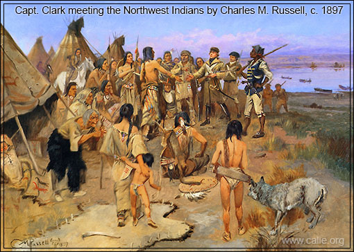 CAPT CLARKS MEETS INDIANS, PAINTING CHARLES M RUSSELL
