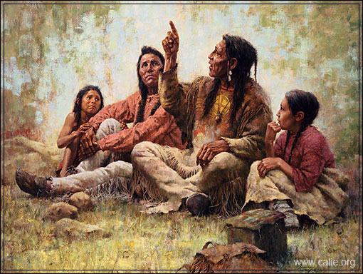 NATIVE AMERICAN PAINTING, man pointing up with children seated